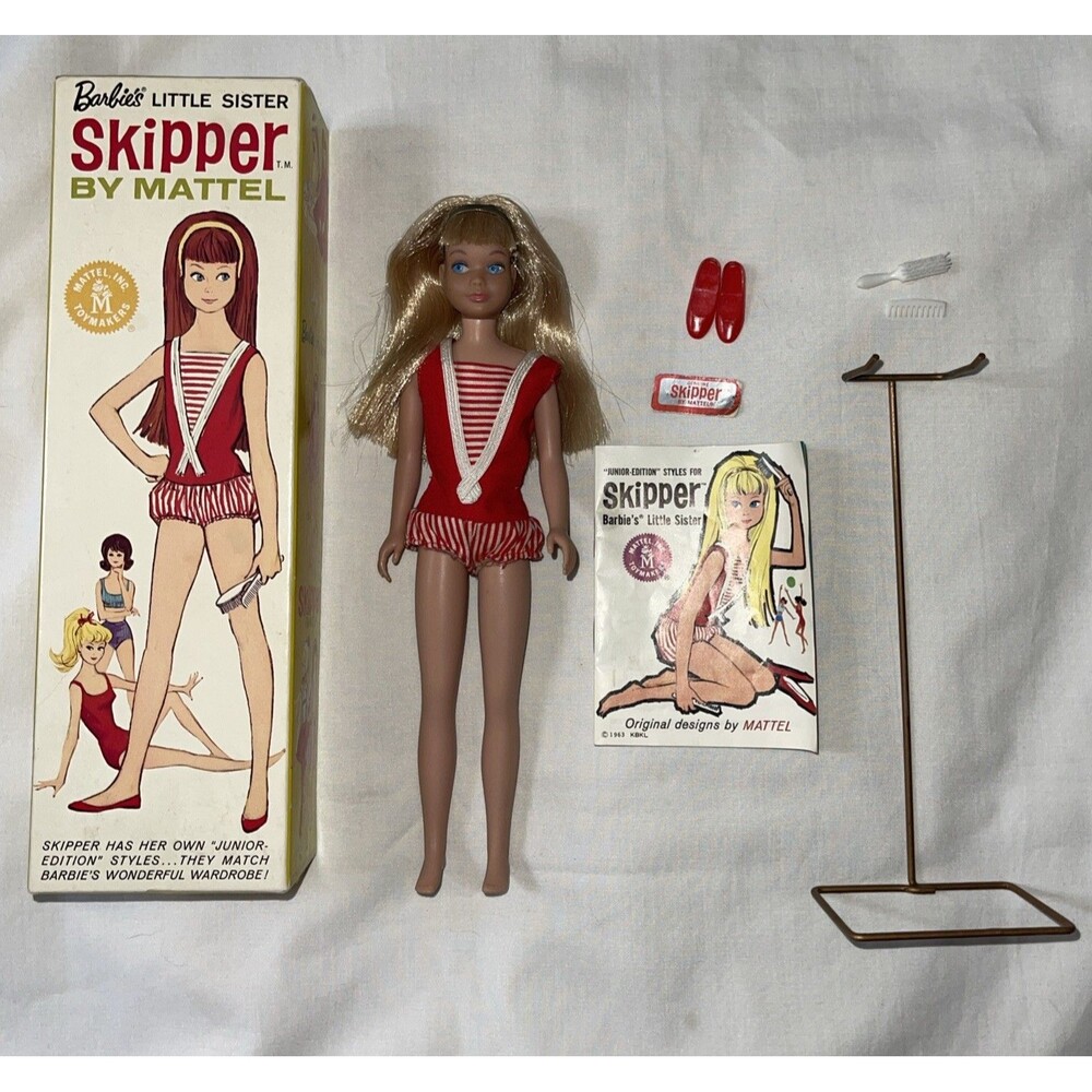 VTG Barbie Early Skipper Doll Box Stand Wrist Tag Headband Platinum Blond